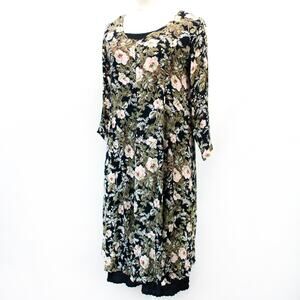 Her Style Vintage 80's Reversible Black Floral Rayon Modest Midi Dress Medium